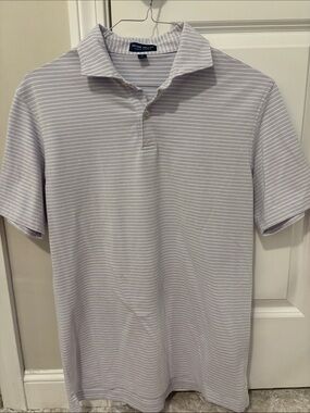 Peter Millar Light Gray and White Striped Polo